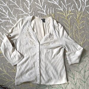 Ann Taylor hand beaded ivory pearl wool cashmere cardigan sweater large